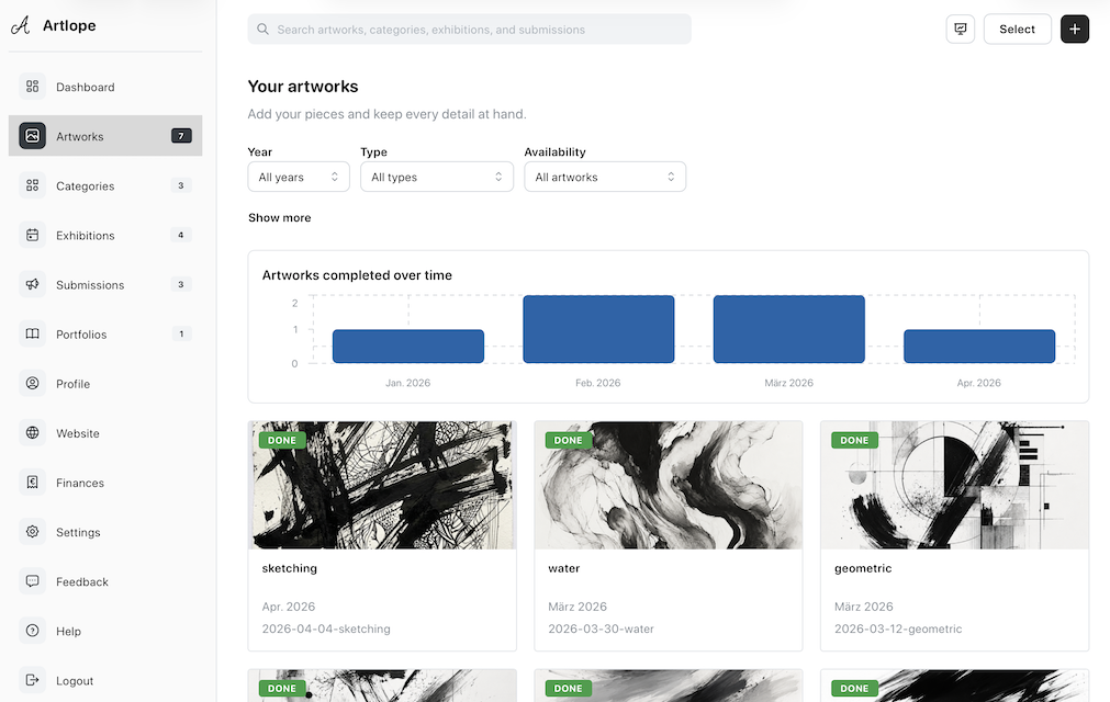 Artlope artworks overview with artwork cards and filters