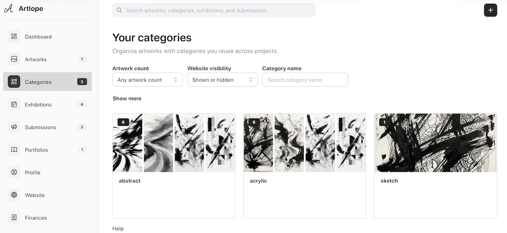 Artlope categories page showing artwork categories and tags