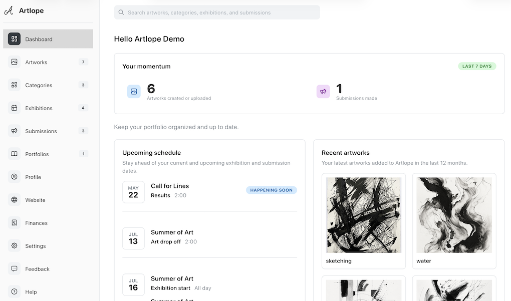 Artlope dashboard showing upcoming events, recent artworks, and stats