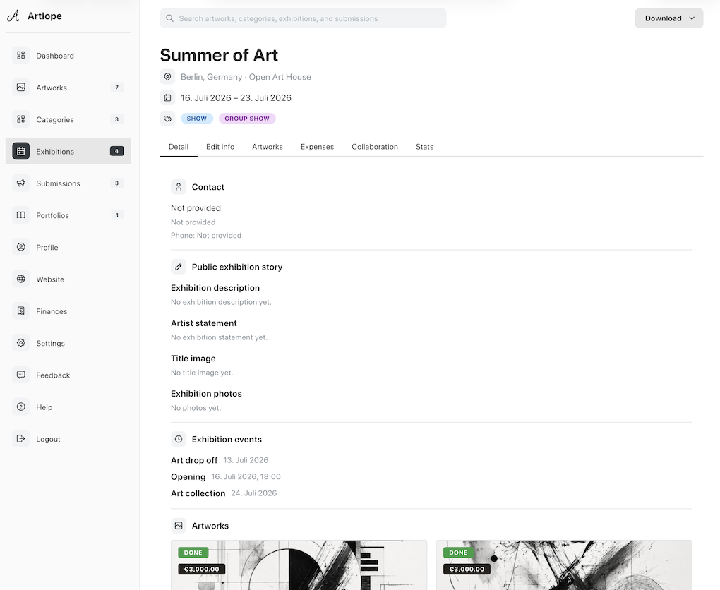 Artlope exhibition detail page with artworks and exhibition information